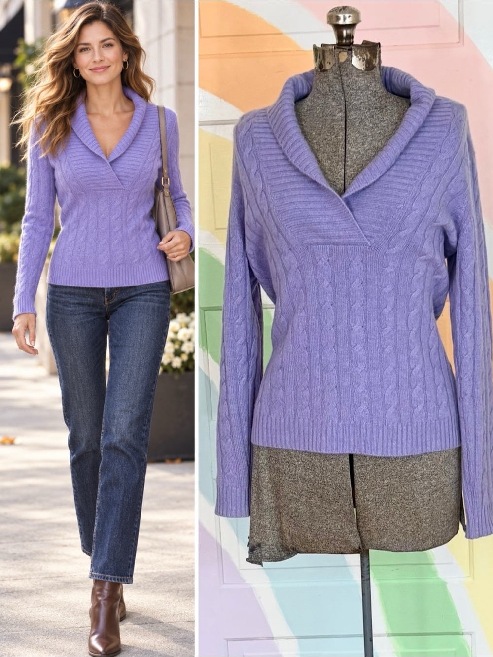 💥Celeste 100% Cashmere Cable Knit Shawl Collar Sweater Lavender M 💛